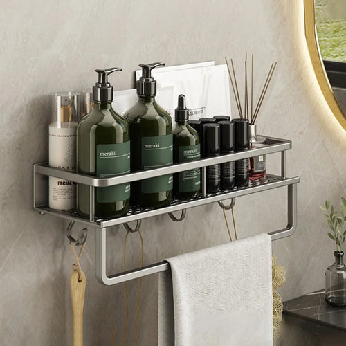 40cm Bathroom Storage Rack with Hooks and Towel Bar Wall Mounted No Drill Ventilated Draining Organizer - 1