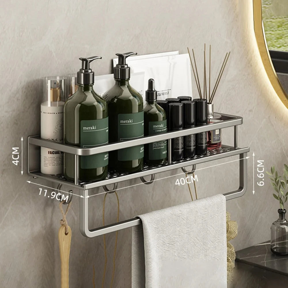 40cm Bathroom Storage Rack with Hooks and Towel Bar Wall Mounted No Drill Ventilated Draining Organizer - 2