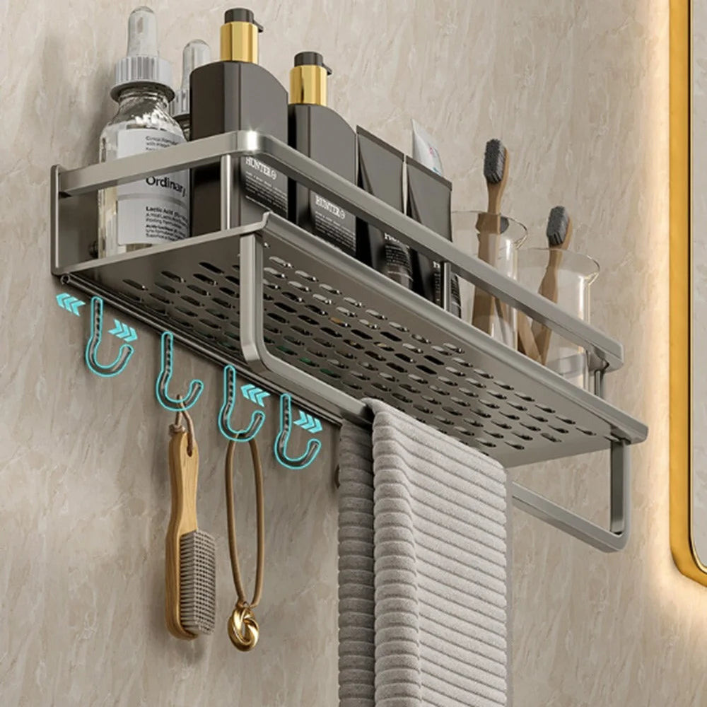 40cm Bathroom Storage Rack with Hooks and Towel Bar Wall Mounted No Drill Ventilated Draining Organizer - 5