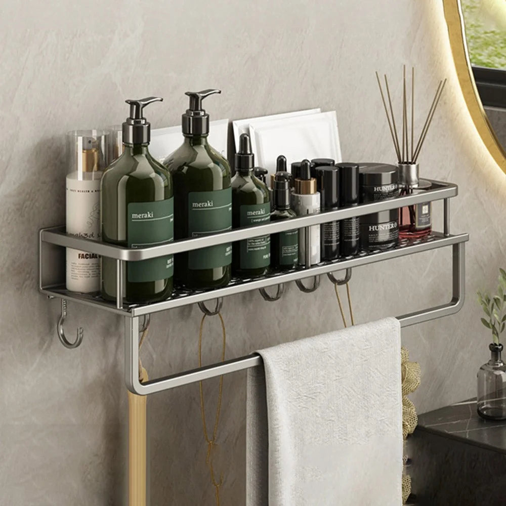 50cm Bathroom Storage Rack with Hooks and Towel Bar Wall Mounted No Drill Ventilated Draining Organizer - 1