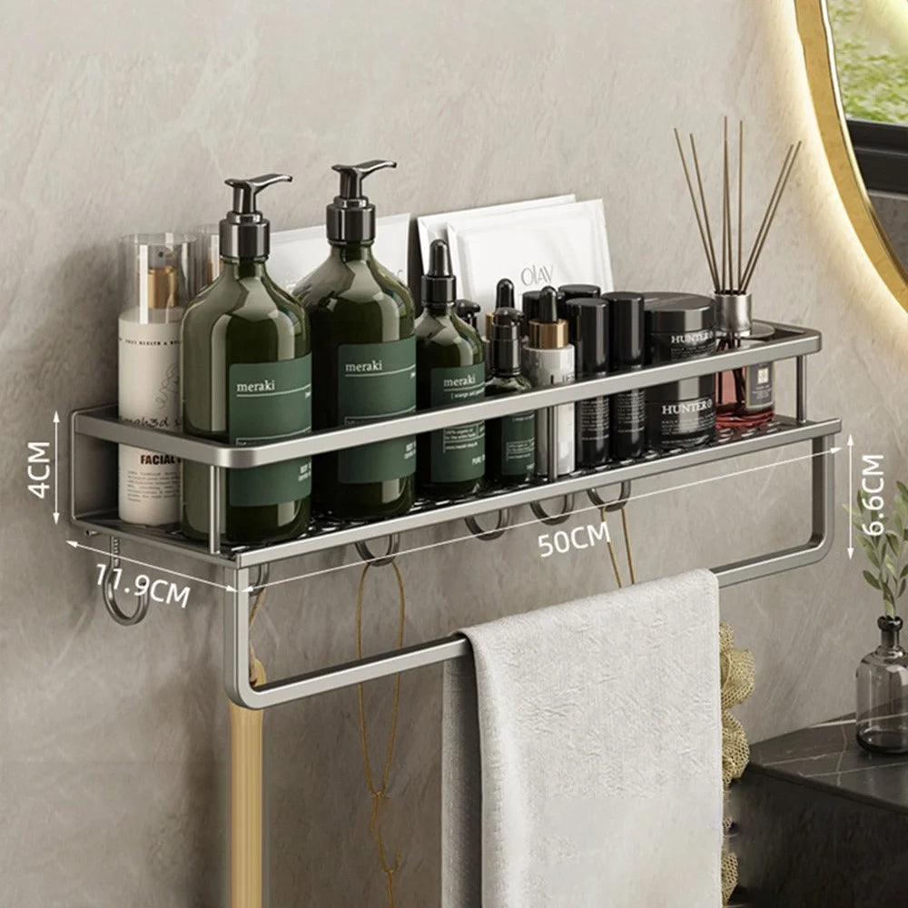 50cm Bathroom Storage Rack with Hooks and Towel Bar Wall Mounted No Drill Ventilated Draining Organizer - 2