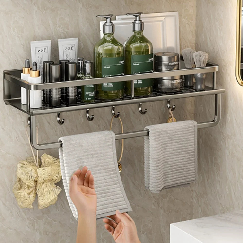 50cm Bathroom Storage Rack with Hooks and Towel Bar Wall Mounted No Drill Ventilated Draining Organizer - 3