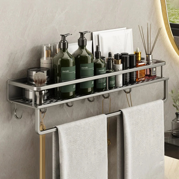 60cm Bathroom Storage Rack with Hooks and Towel Bar Wall Mounted No Drill Ventilated Draining Organizer - 1