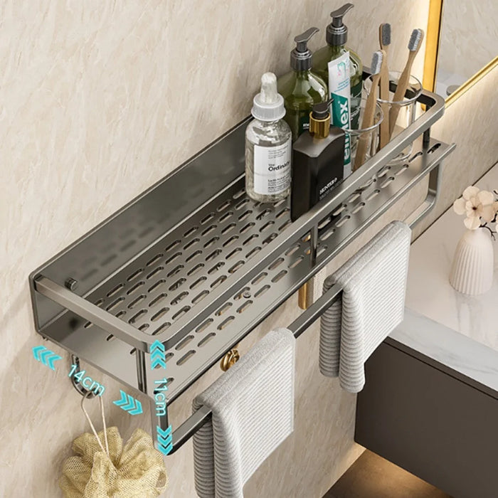 60cm Bathroom Storage Rack with Hooks and Towel Bar Wall Mounted No Drill Ventilated Draining Organizer - 4