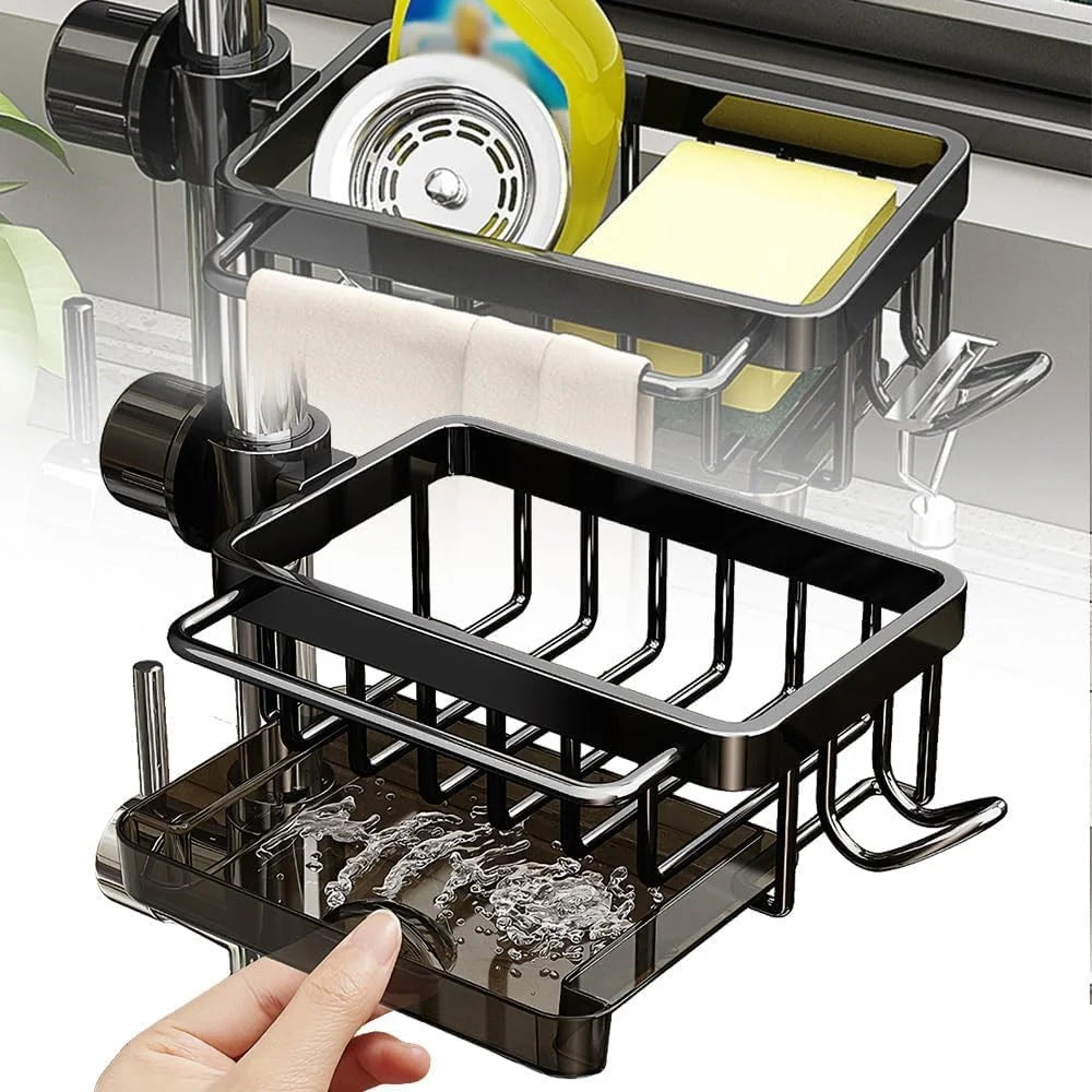 Space Aluminum Faucet Organizer For Kitchen Bathroom Storage Rack with Draining Tray Hanging Basket - Black  /  Right - 2