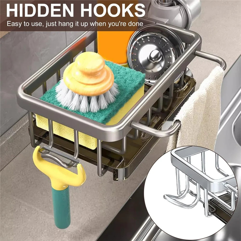 Space Aluminum Faucet Organizer For Kitchen Bathroom Storage Rack with Draining Tray Hanging Basket - Black  /  Right - 3