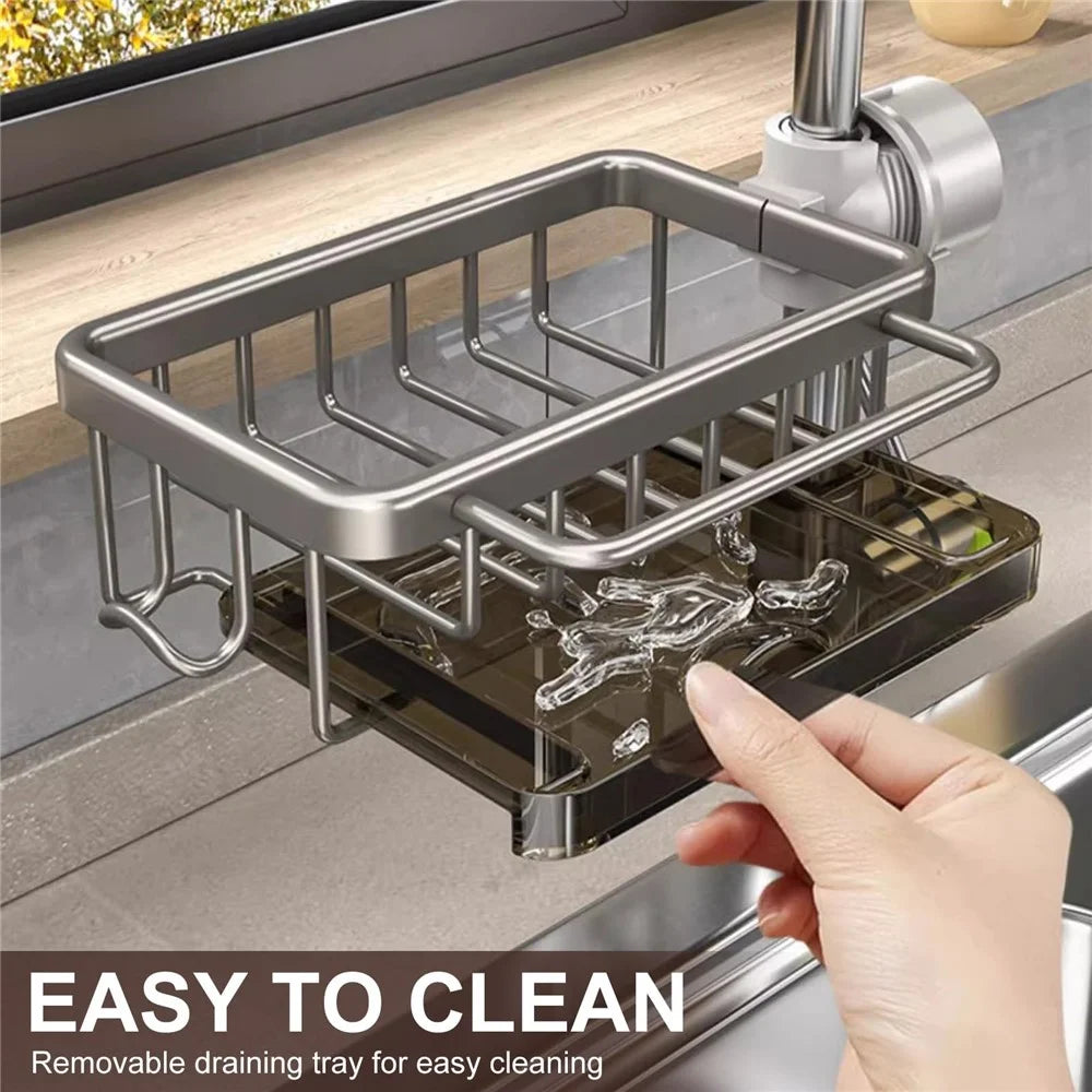 Space Aluminum Faucet Organizer For Kitchen Bathroom Storage Rack with Draining Tray Hanging Basket - Black  /  Right - 4