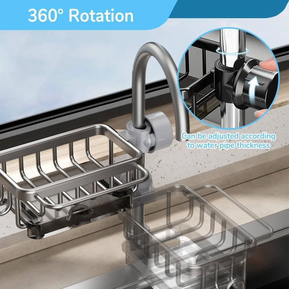 Space Aluminum Faucet Organizer For Kitchen Bathroom Storage Rack with Draining Tray Hanging Basket - Black  /  Right - 5