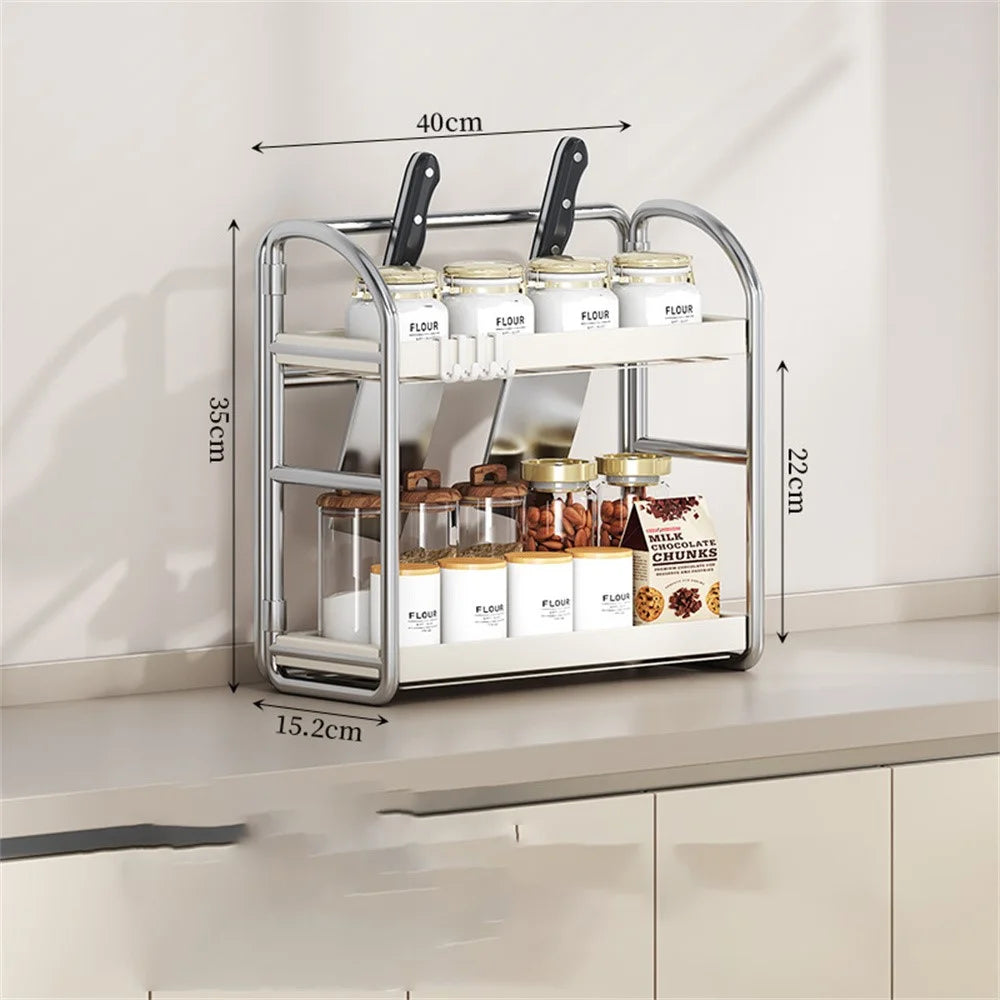 Kitchen Countertop Organizer 2-Tier 40cm Width Spice Rack Utensil Holder Knife Stand Multi-Function Storage Shelf - 4