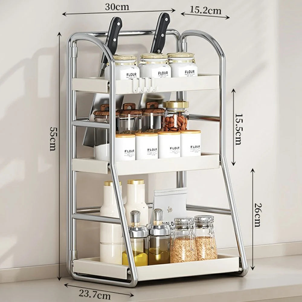 Kitchen Countertop Organizer 3-Tier 30cm Width Spice Rack Utensil Holder Knife Stand Multi-Function Storage Shelf - 5