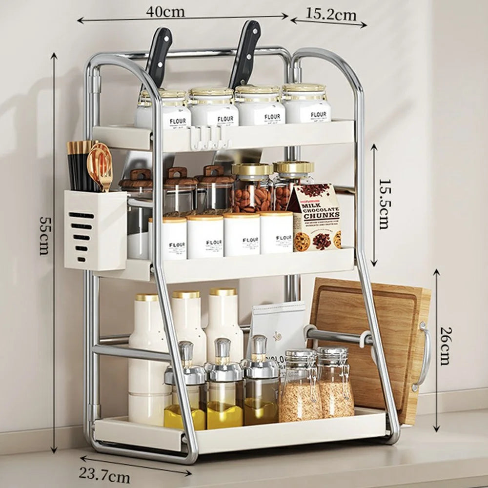 Kitchen Counter Organizer with Chopstick Holder 3-Tier 40cm Width Spice Rack Utensil Holder Knife Stand Multifunctional Storage Shelf - 5