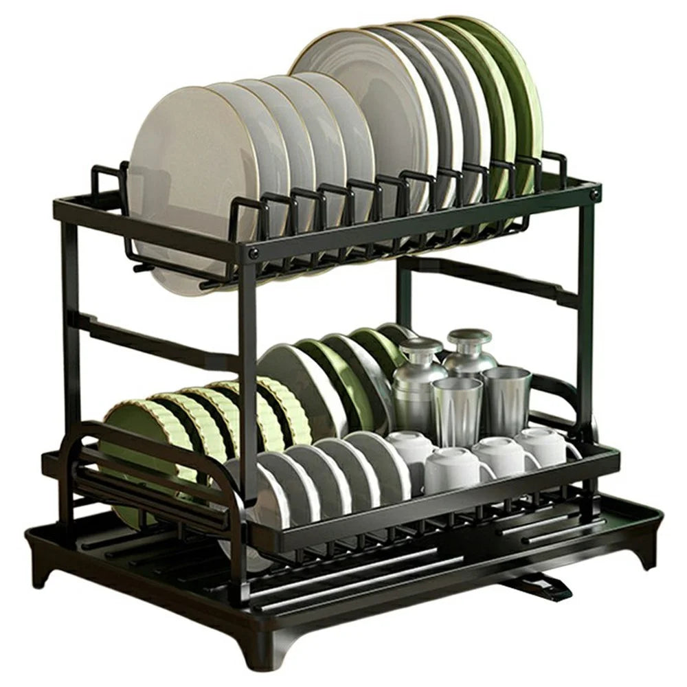 Kitchen Dish Drying Rack 2-Tier 40cm Width Multifunctional Shelf Drainer Kitchen Utensils Organizer - Black - 1
