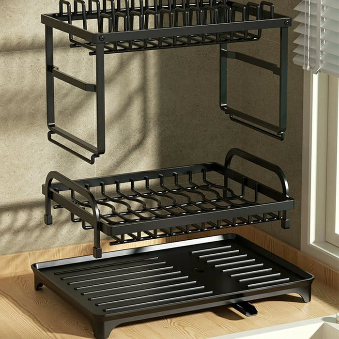 Kitchen Dish Drying Rack 2-Tier 40cm Width Multifunctional Shelf Drainer Kitchen Utensils Organizer - Black - 6