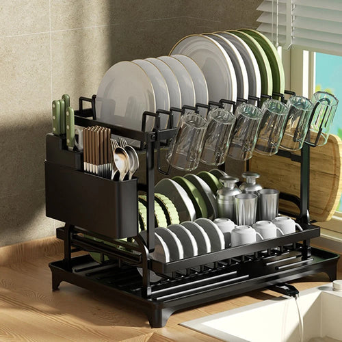 Kitchen Dish Drying Rack with Chopsticks Cage Multi-Function Organizer Drainer for Plates Bowls Cutlery Cutting Board Cups - Black - 1