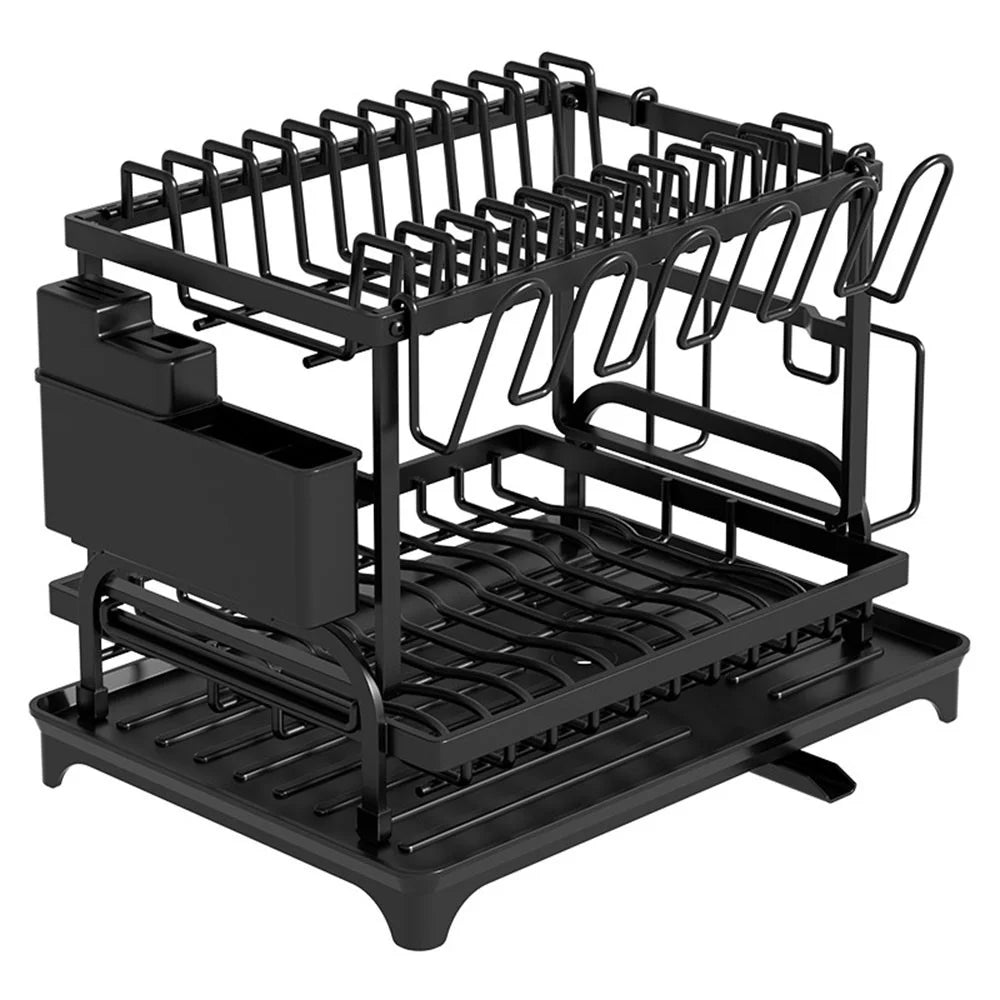 Kitchen Dish Drying Rack with Chopsticks Cage Multi-Function Organizer Drainer for Plates Bowls Cutlery Cutting Board Cups - Black - 2