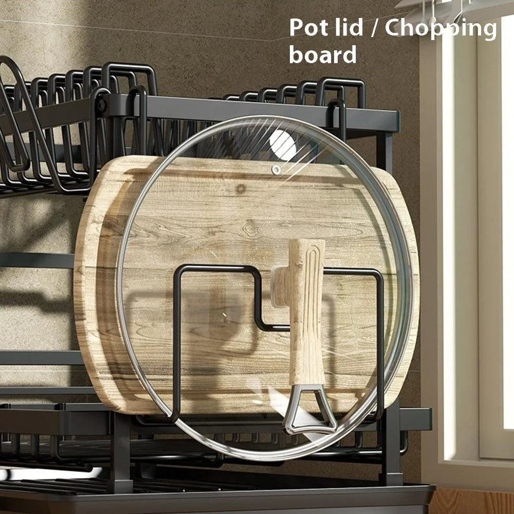 Kitchen Dish Drying Rack with Chopsticks Cage Multi-Function Organizer Drainer for Plates Bowls Cutlery Cutting Board Cups - Black - 6