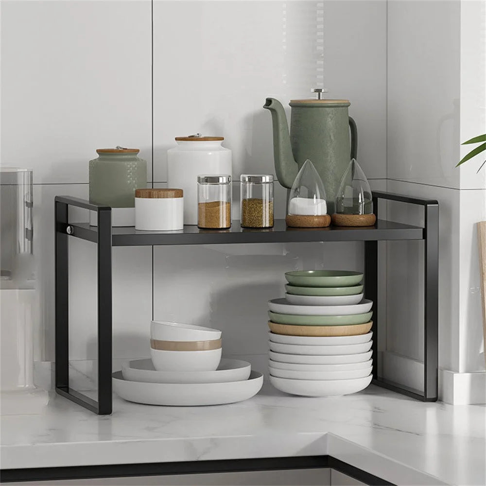 Kitchen Cabinet Organizer 25cm Height Shelf Rack Cookware Dish Storage Stand Spice Holder - Black - 1
