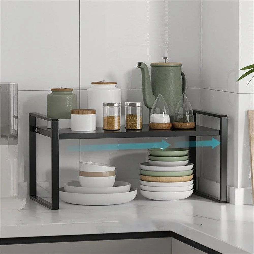 Expandable Kitchen Cabinet Organizer Rack 31 - 55cm Adjustable Storage Shelf for Pots Dishes Spices, 18cm Height - Black - 1
