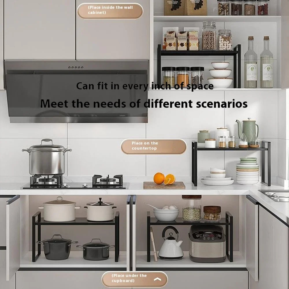 Expandable Kitchen Cabinet Organizer Rack 31 - 55cm Adjustable Storage Shelf for Pots Dishes Spices, 18cm Height - Black - 2