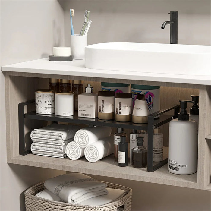 Expandable Kitchen Cabinet Organizer Rack 31 - 55cm Adjustable Storage Shelf for Pots Dishes Spices, 18cm Height - Black - 4