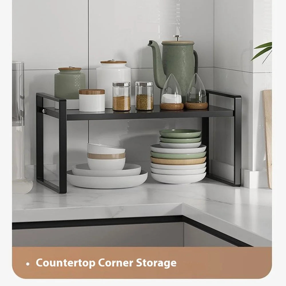 Expandable Kitchen Cabinet Organizer Rack 31 - 55cm Adjustable Storage Shelf for Pots Dishes Spices, 18cm Height - Black - 6
