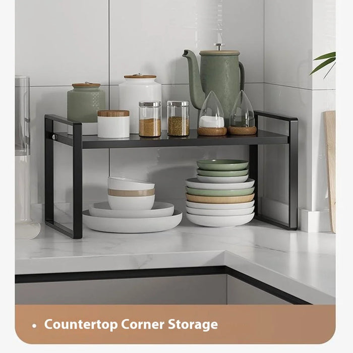 Expandable Kitchen Cabinet Organizer Rack 31 - 55cm Adjustable Storage Shelf for Pots Dishes Spices, 18cm Height - Black - 6