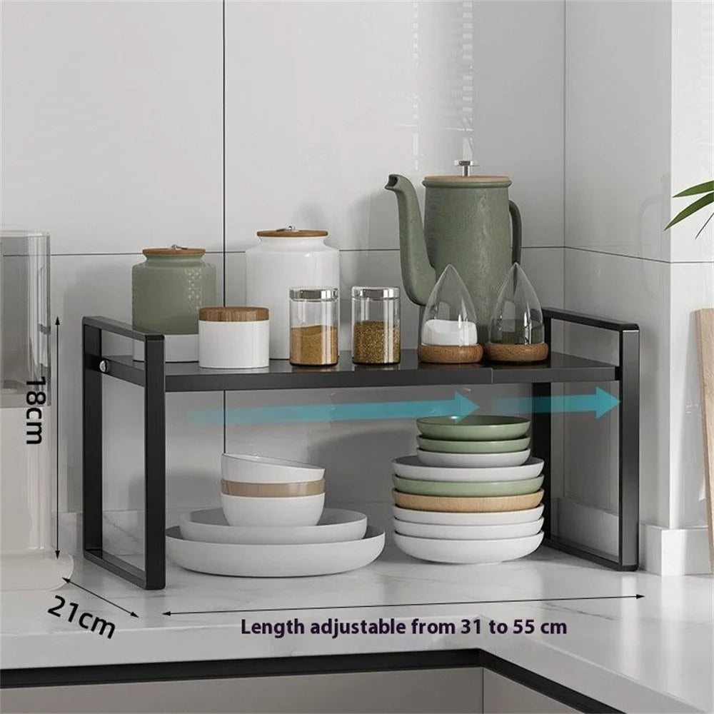 Expandable Kitchen Cabinet Organizer Rack 31 - 55cm Adjustable Storage Shelf for Pots Dishes Spices, 18cm Height - Black - 7
