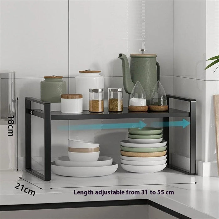 Expandable Kitchen Cabinet Organizer Rack 31 - 55cm Adjustable Storage Shelf for Pots Dishes Spices, 18cm Height - Black - 7