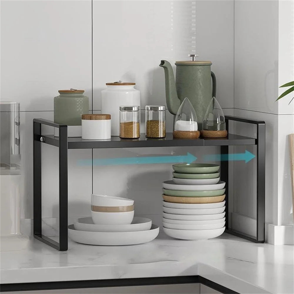 Expandable Kitchen Cabinet Organizer Shelf 31 - 55cm Adjustable Storage Rack for Pots Dishes Spices, 25cm Height - Black - 1