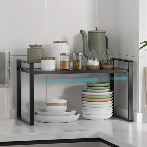 Expandable Kitchen Cabinet Organizer Shelf 31 - 55cm Adjustable Storage Rack for Pots Dishes Spices, 25cm Height - Black - 1