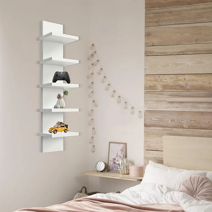 Wall Mounted Multi-Layer Shelf No Drilling 5 Tier Storage Rack Floating Display Organizer for Living Room Bedroom - White - 3