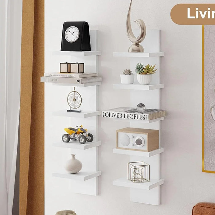 Wall Mounted Multi-Layer Shelf No Drilling 5 Tier Storage Rack Floating Display Organizer for Living Room Bedroom - White - 6