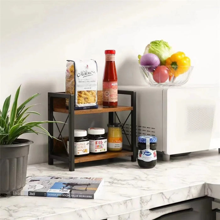 Iron Wood Storage Rack 2-Tier Organizer Shelf for Kitchen Counter Bathroom Vanity Spice Cosmetics - Charcoal Color - 2