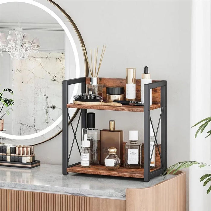 Iron Wood Storage Rack 2-Tier Organizer Shelf for Kitchen Counter Bathroom Vanity Spice Cosmetics - Charcoal Color - 4