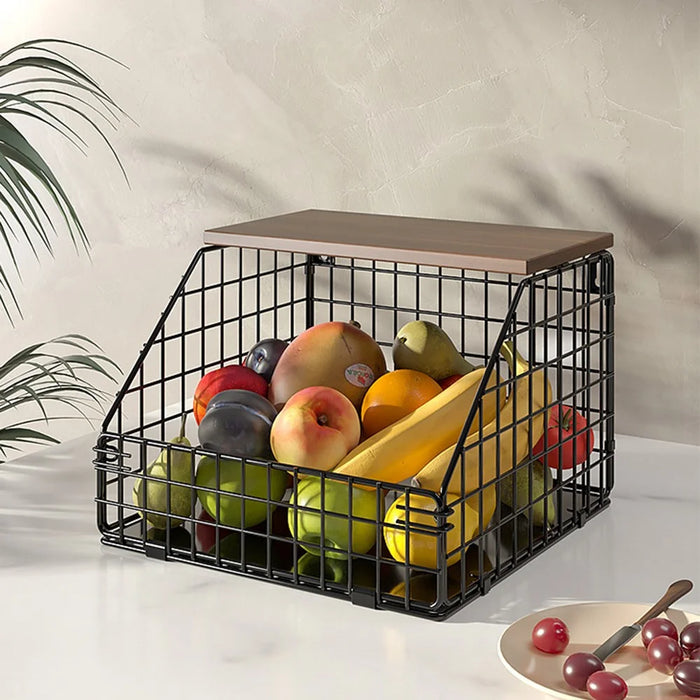 Wall Mounted Kitchen Storage Rack Small Size Iron Wood Shelf Foldable Vegetable Fruit Basket For Kitchen Balcony - 3