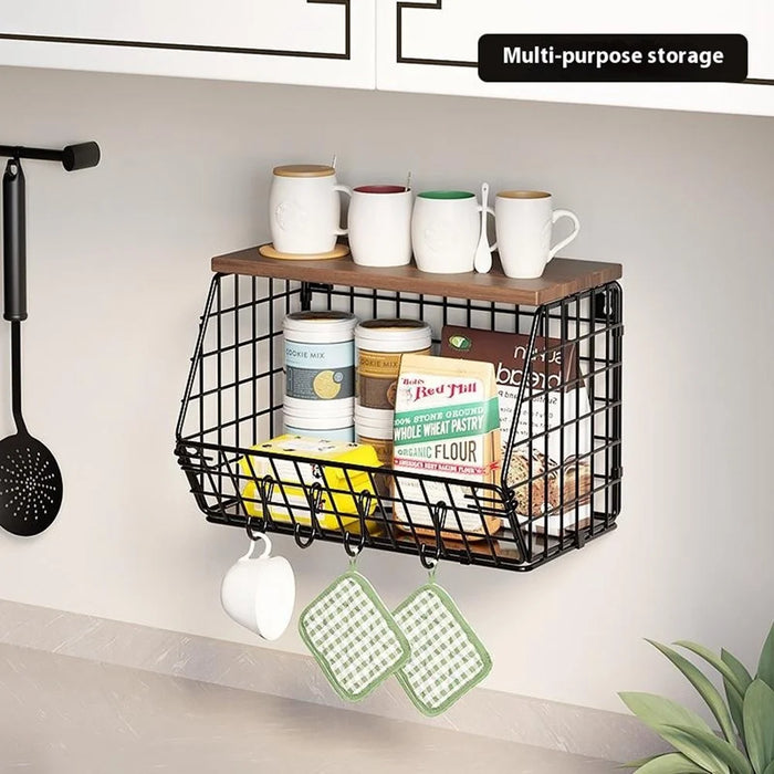 Wall Mounted Kitchen Storage Rack Small Size Iron Wood Shelf Foldable Vegetable Fruit Basket For Kitchen Balcony - 4