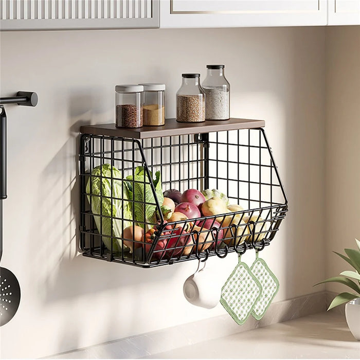 Wall Mounted Kitchen Storage Rack Large Size Thickened Iron Wood Organizer Foldable Vegetable Fruit Basket - 2