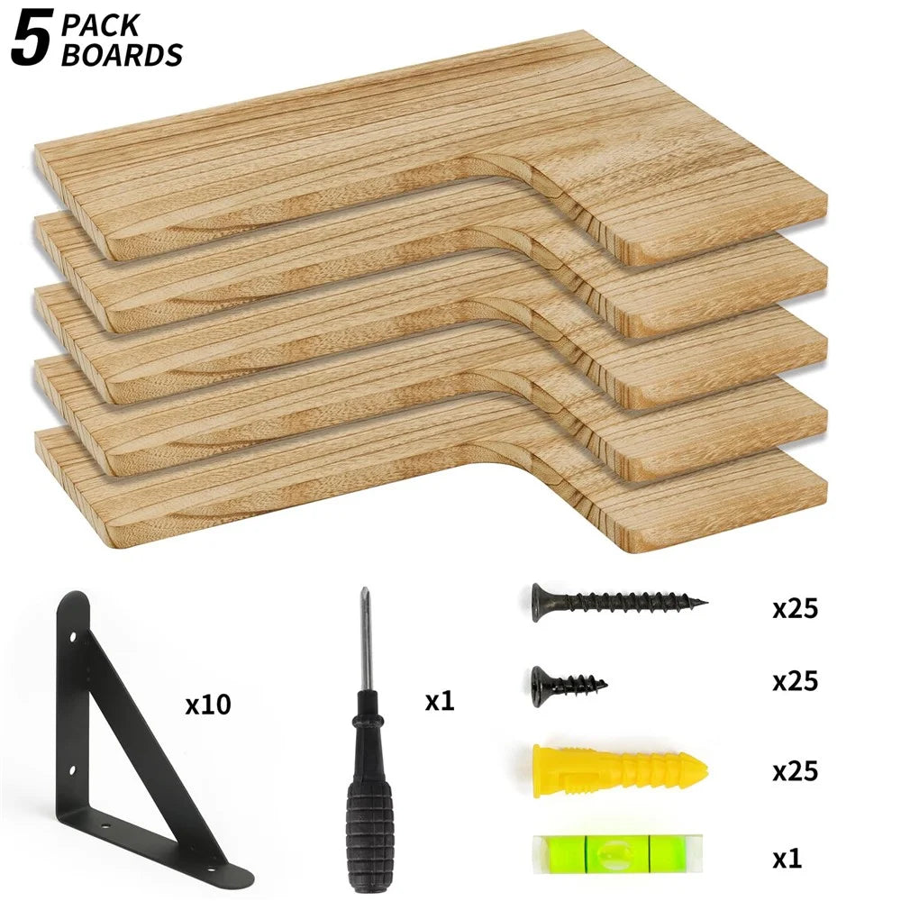 5PCS Wood Storage Rack Set Floating Corner Shelf Wall Mounted Organizer for Kitchen Bathroom Living Room - 1