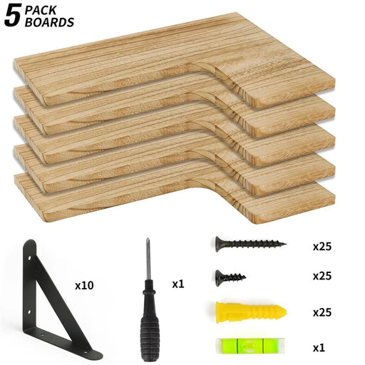 5PCS Wood Storage Rack Set Floating Corner Shelf Wall Mounted Organizer for Kitchen Bathroom Living Room - 1