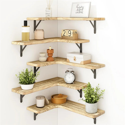 5PCS Wood Storage Rack Set Floating Corner Shelf Wall Mounted Organizer for Kitchen Bathroom Living Room - 2