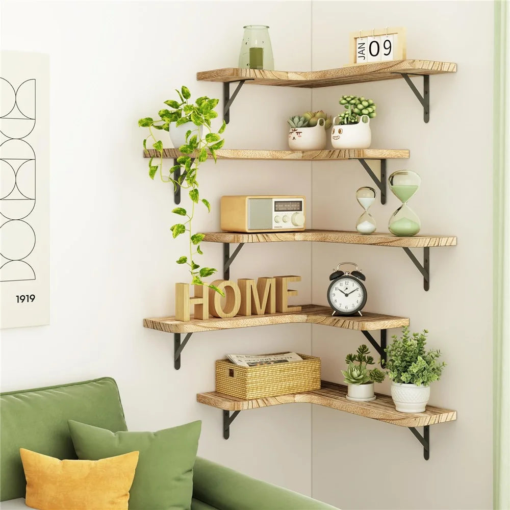 5PCS Wood Storage Rack Set Floating Corner Shelf Wall Mounted Organizer for Kitchen Bathroom Living Room - 3