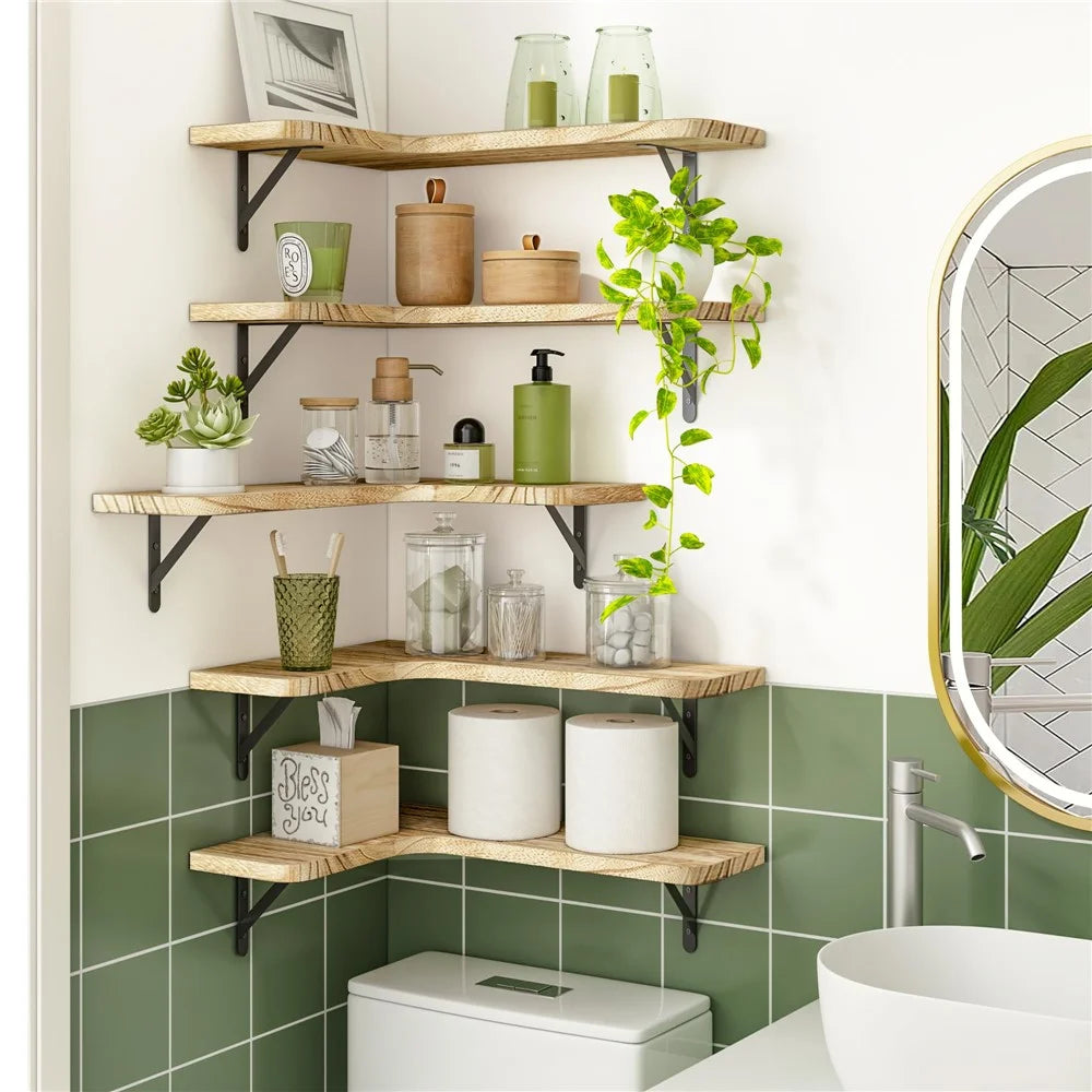 5PCS Wood Storage Rack Set Floating Corner Shelf Wall Mounted Organizer for Kitchen Bathroom Living Room - 4