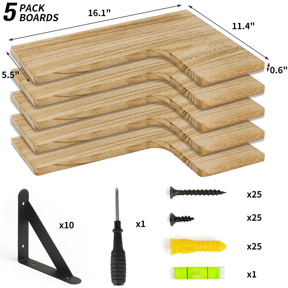 5PCS Wood Storage Rack Set Floating Corner Shelf Wall Mounted Organizer for Kitchen Bathroom Living Room - 5