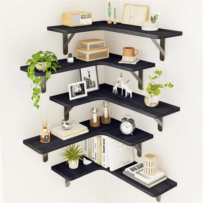 5Pcs / Set Floating Corner Shelves Wall Mounted Wood Storage Rack for Kitchen Bathroom Living Room - Black - 1