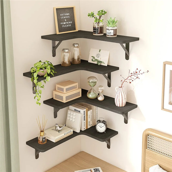 5Pcs / Set Floating Corner Shelves Wall Mounted Wood Storage Rack for Kitchen Bathroom Living Room - Black - 2