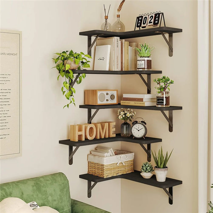 5Pcs / Set Floating Corner Shelves Wall Mounted Wood Storage Rack for Kitchen Bathroom Living Room - Black - 3