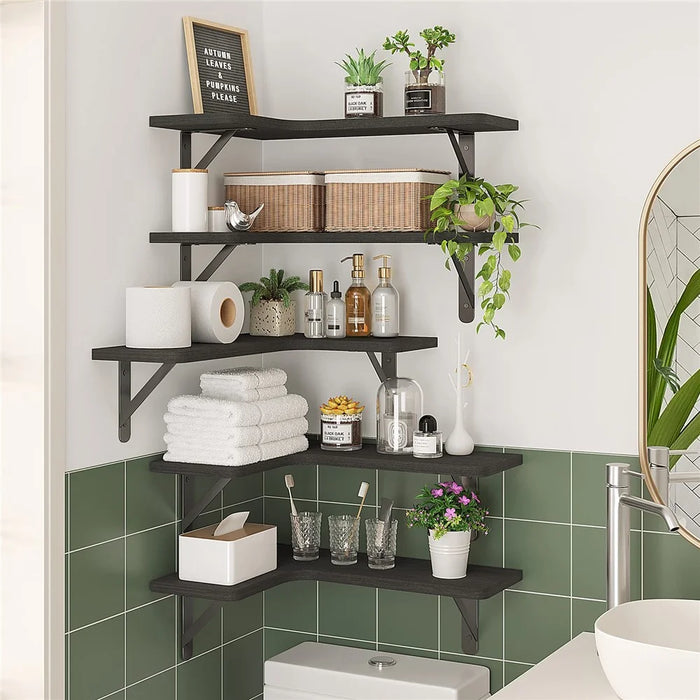 5Pcs / Set Floating Corner Shelves Wall Mounted Wood Storage Rack for Kitchen Bathroom Living Room - Black - 4