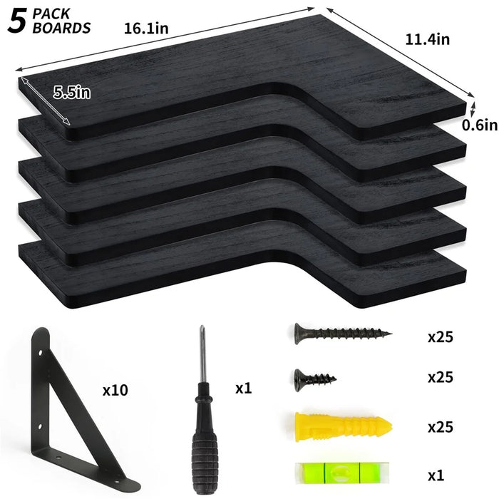 5Pcs / Set Floating Corner Shelves Wall Mounted Wood Storage Rack for Kitchen Bathroom Living Room - Black - 5