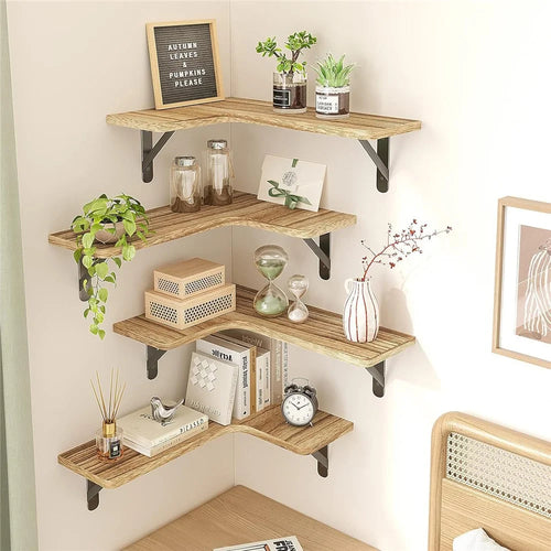 4Pcs / Set Floating Corner Shelves Wall Mounted Wood Storage Rack for Kitchen Bathroom Living Room - Wood Color - 1