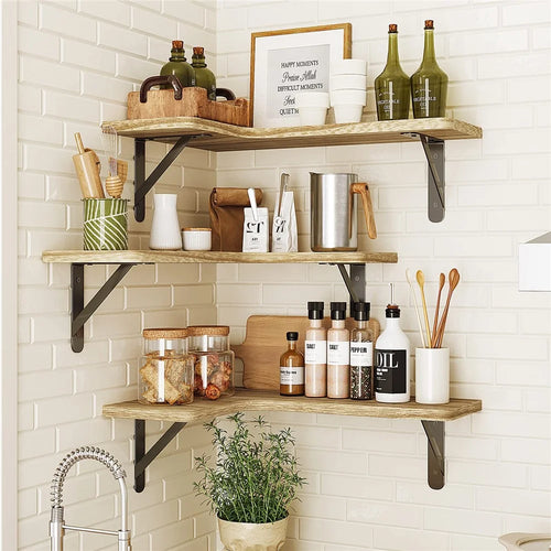 3Pcs / Set Floating Corner Shelves Wall Mounted Wood Storage Rack for Kitchen Bathroom Living Room - Wood Color - 1